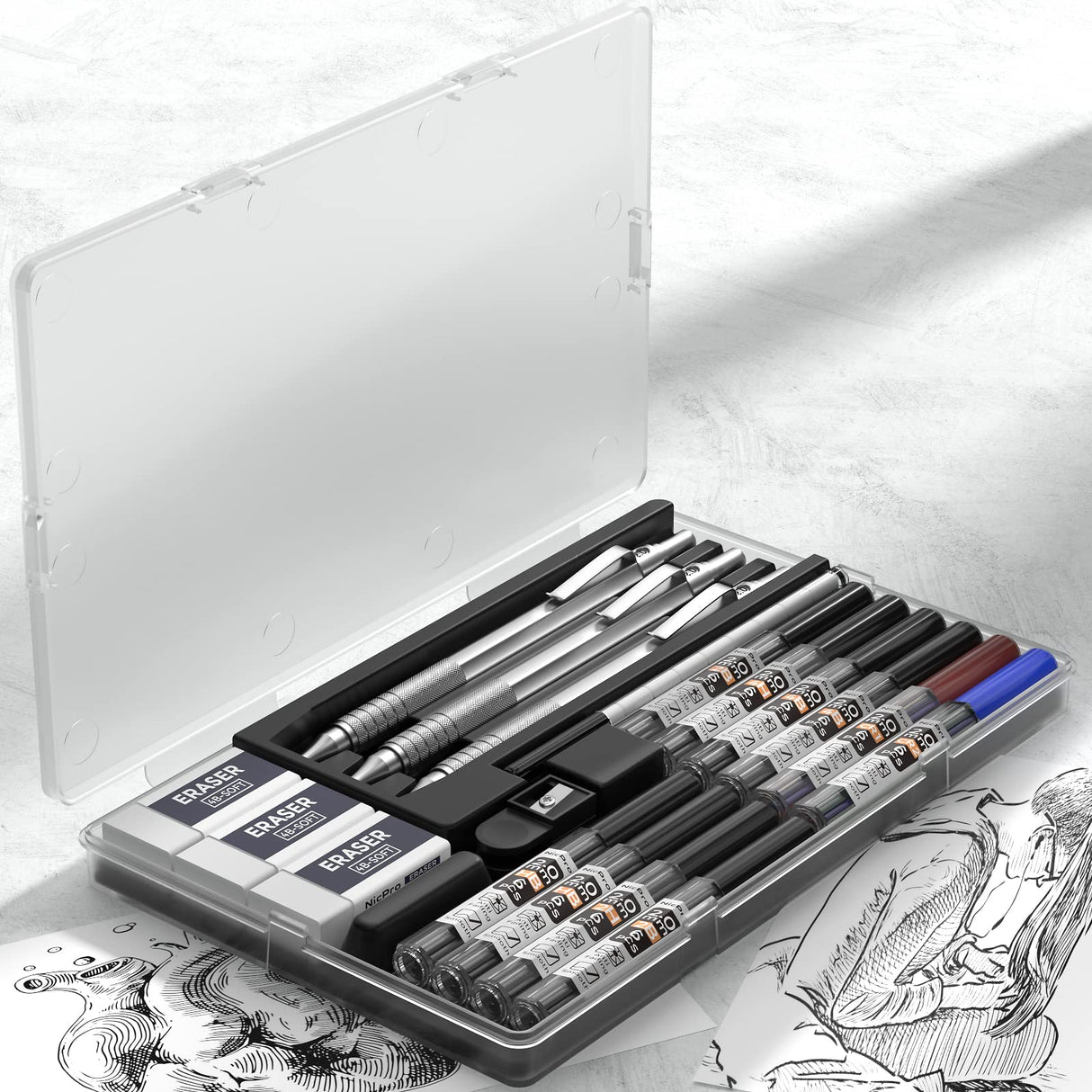 Nicpro Metal 2.0 Mechanical Pencil Set with Case, 3 PCS Drafting Lead Holder with 10 Tubes 2mm Graphite Lead Refill(HB 2H 4H 2B 4B) &Colors, Nicpro