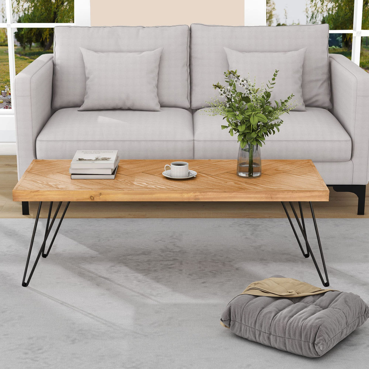 Modern Wood Coffee Table, Nature Cocktail Table for Living Room Chevron Pattern & Metal Hairpin Legs, Nature Rustic Rectangular Table P PURLOVE