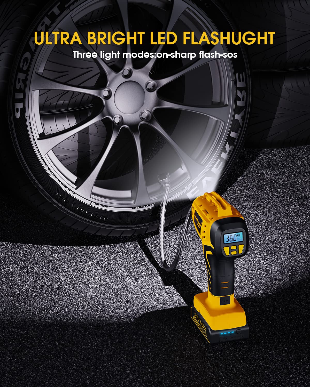 KeenPower Tire Inflator Portable Air Compressor - 2X Faster - 21V Rechargeable Battery Powered Handheld 160PSI Tire Inflator, Dual Power Supply KeenPower