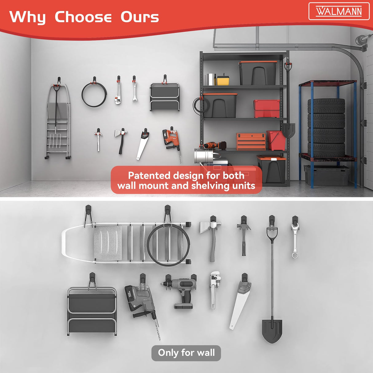 WALMANN 12PCS Garage Storage Hooks, Wall Mount Utility Hooks for Tools, Ladders, Cords, Folding Chairs, Shovels and Rakes, Shelving Hooks for Keyhole WALMANN