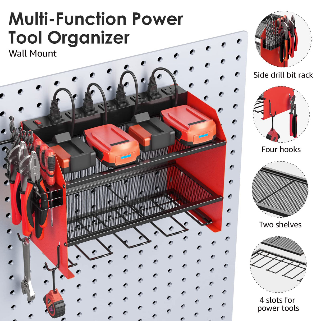 CCCEI Modular Power Tool Organizer Wall Mount with Charging Station. Garage 4 Drill Storage Shelf with Hooks, Screwdriver, Drill Bit Heavy Duty Rack, CCCEI