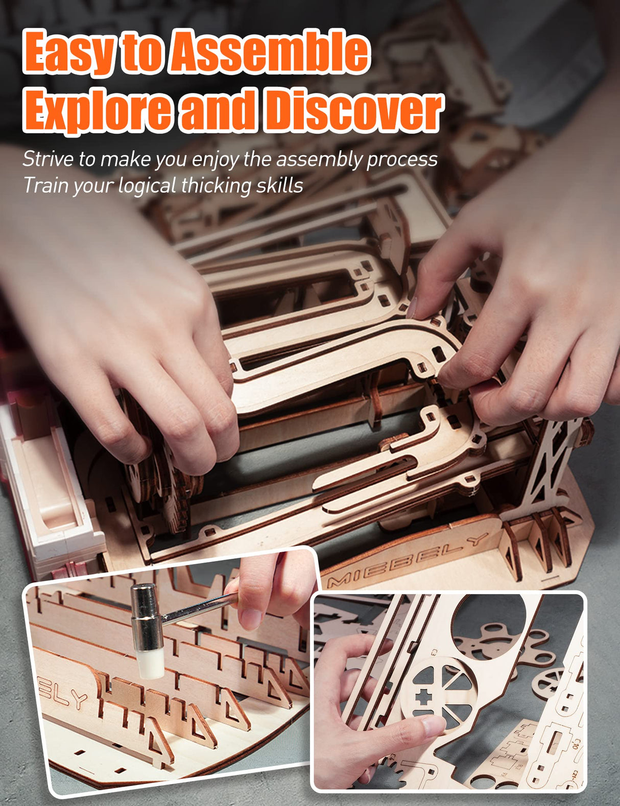 MIEBELY 3D Wooden Puzzles for Adults Bundle Set - Marble Run Model Building Kits & Illuminous Music Box Globe, Unique Gift Hobby for Boys Girls MIEBELY