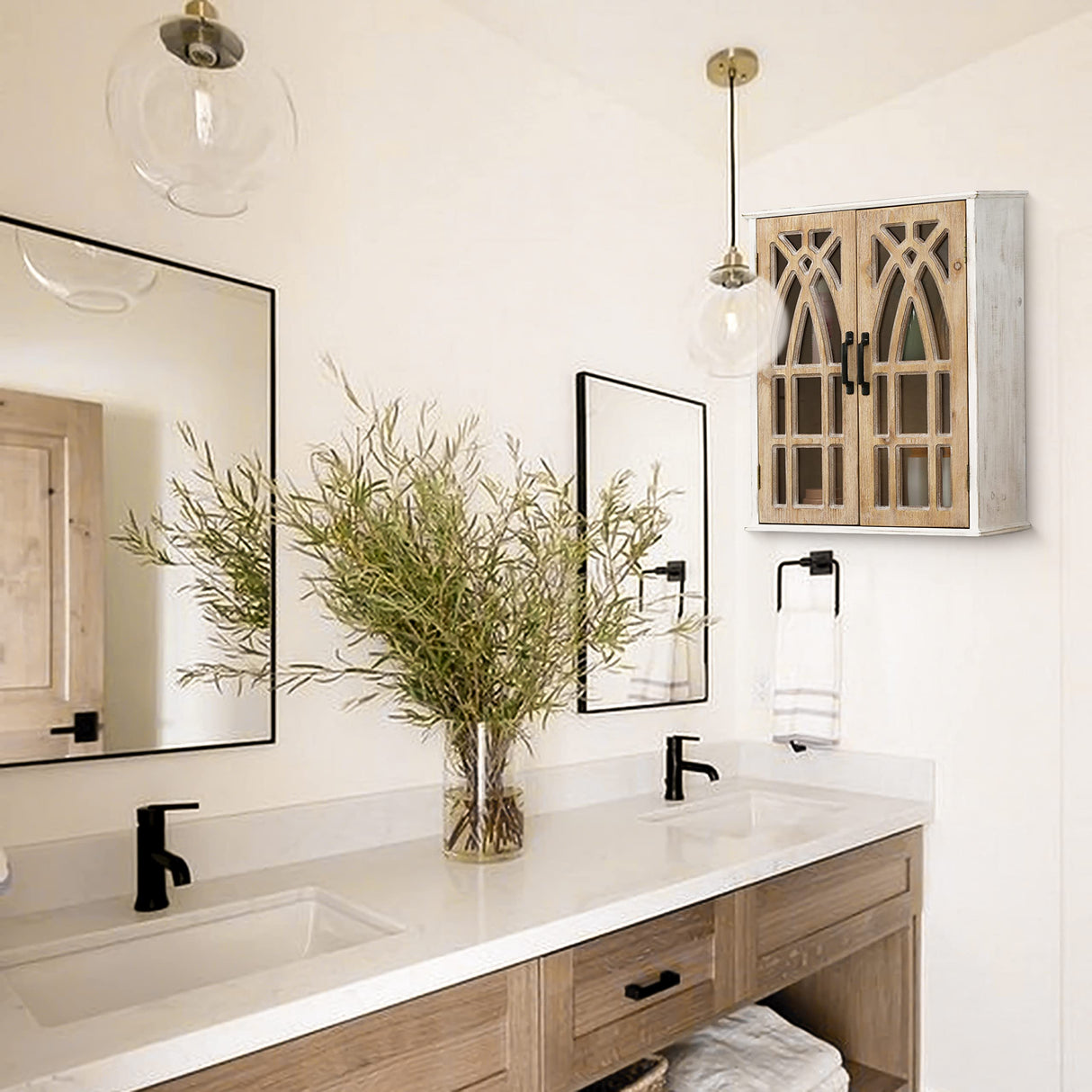 LuxenHome Double Door Wood Mounted Wall Cabinet, Farmhouse Wood Wall Storage, Kitchen Wall Cabinet with Shelves Inside, 20 Inch, Disdressed White LuxenHöme