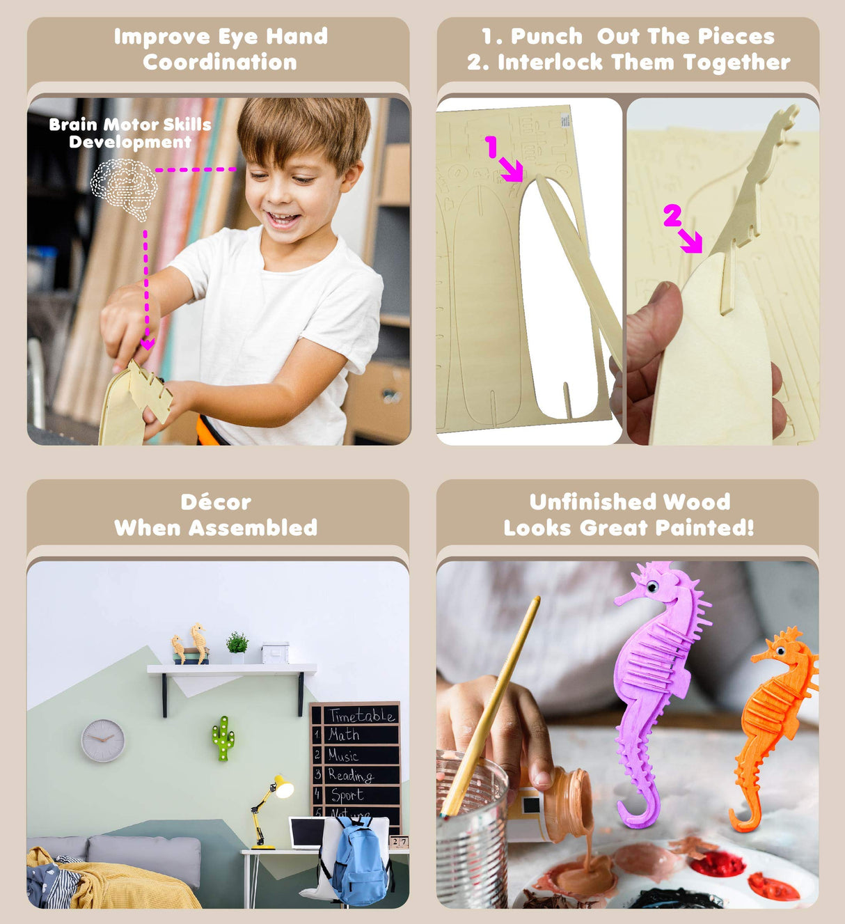 Puzzled 3D Puzzle Sea Horse - Wood Craft Construction Model Kit - Unique Educational DIY Wooden Toy Assemble Model Unfinished Crafting Hobby Sea Life Puzzled