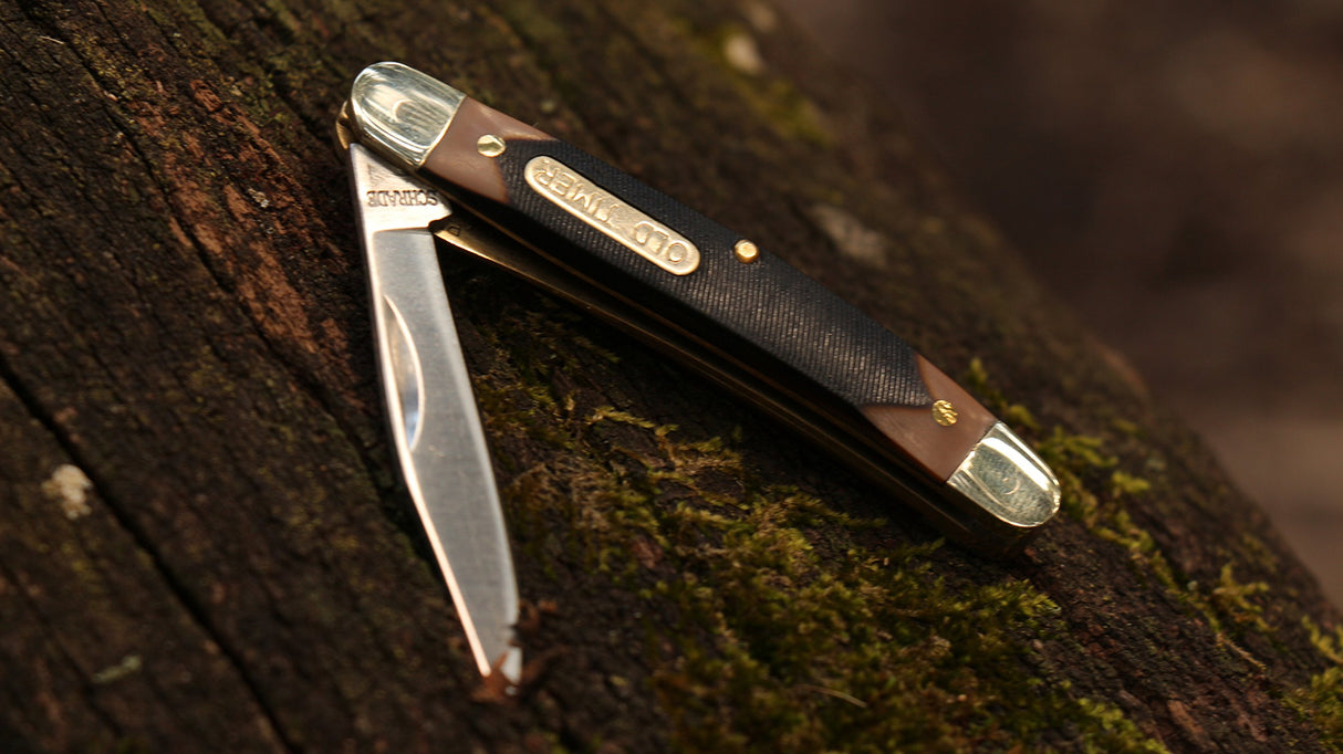 Old Timer 18OT Mighty Mite 4.7in Stainless Steel Traditional Folding Pocket Knife with 2in Clip Point Blade, Nickel Silver Bolsters, and Sawcut Old Timer