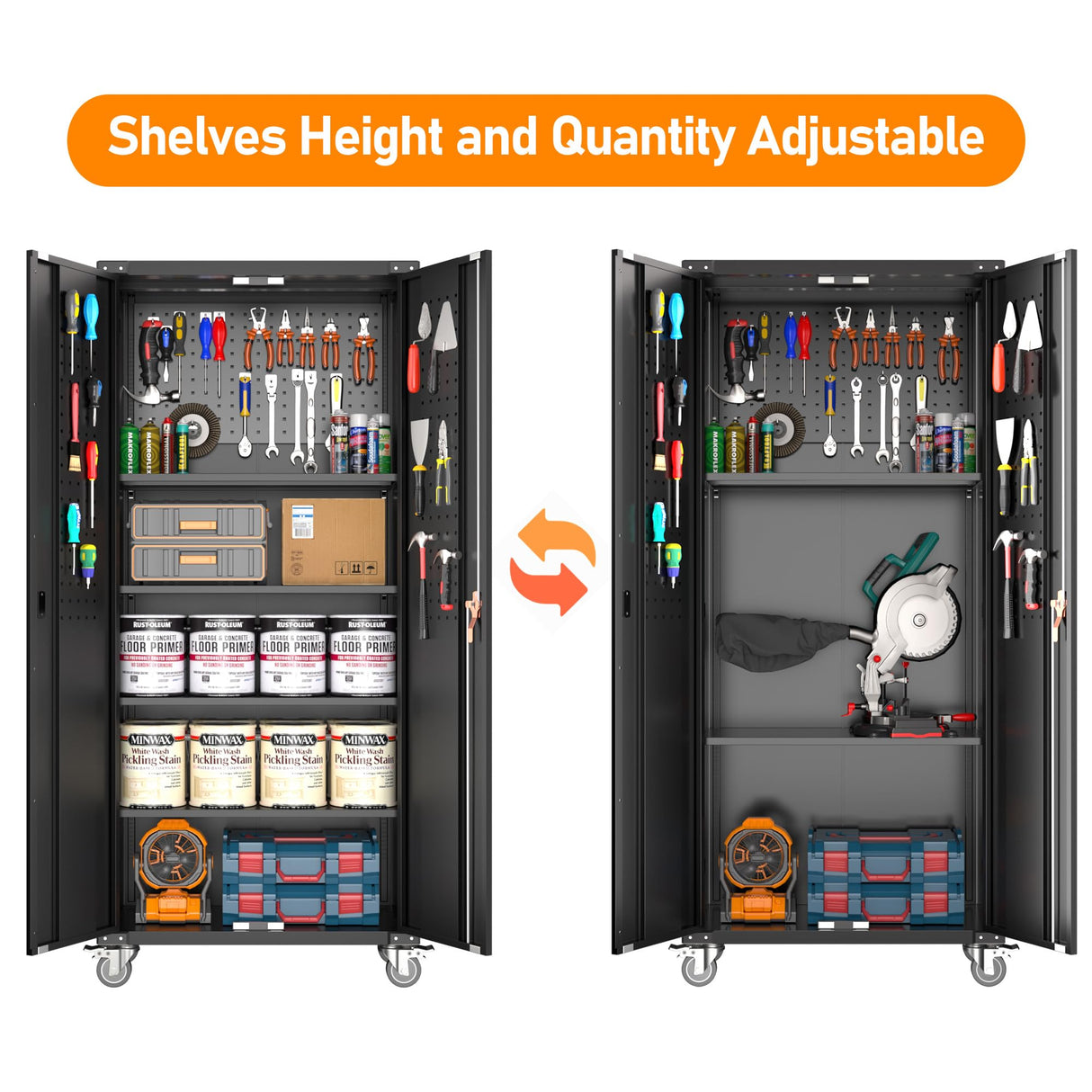 Aobabo 72 Inch Locking Metal Garage Storage Cabinet with Universal Rubber Wheels with Lockable Casters, Pegboards, and Magnetic Doors, Black Aobabo