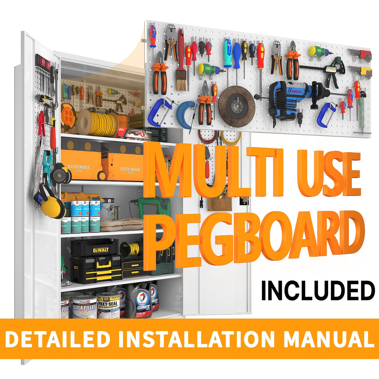 Upgraded Tall & Wide Metal Storage Cabinet with Doors & 4 Adjustable Shelves | Heavy-Duty Black Lockable Garage Cabinet with Wheels & Pegboard for basenji