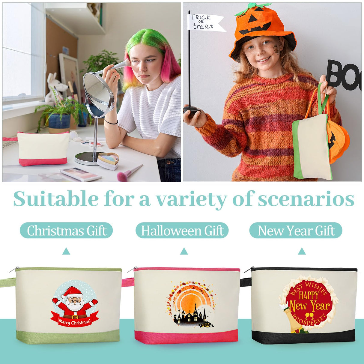 Silkfly 30 Pcs Cotton Canvas Makeup Bags Canvas Cosmetic Bag with Zipper Two Tone Make up Bags Bulk with Bottom Blank DIY Pouches Bags Multi Purpose Silkfly