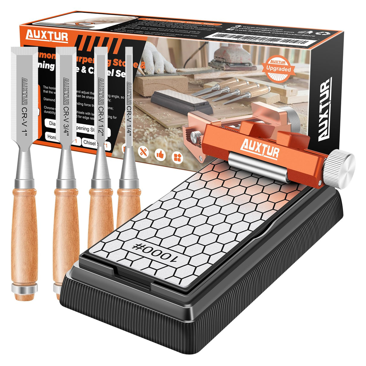AUXTUR Sharpening Stone with Honing Guide Tool,chisel set for Woodworking,Flattening Stone,Complete Sharpening System Tools for Chisel Sharpening and AUXTUR