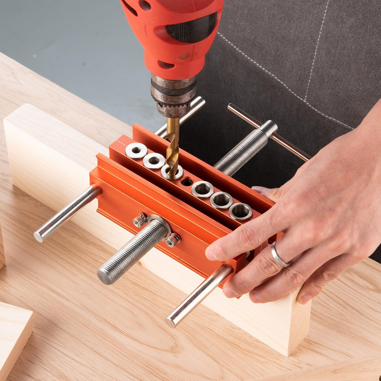 Neitra Self Centering Doweling Jig - 6 Drill Guides for Straight Holes, Adjustable Width Up to 6.75", All Metal Drilling Hole Kit for Wood Dowel Jig, Neitra