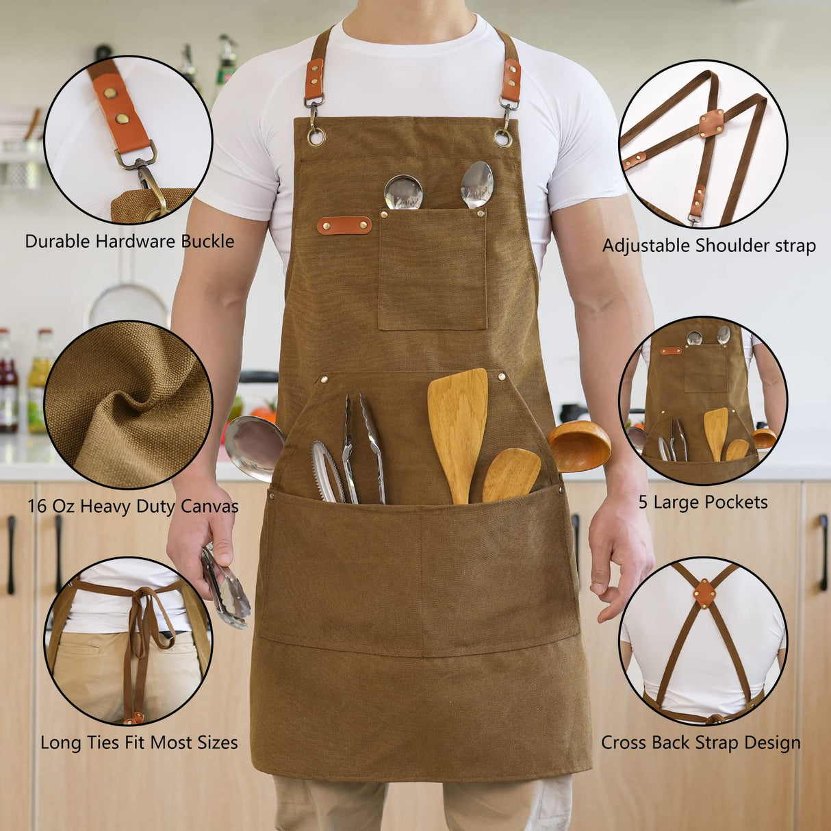 Aoomzoon Canvas Aprons for Men Chef Apron, Work Apron with Large Pockets - Durable 16oz Heavy Duty Cross Back, BBQ, Cooking (Brown, 1 Pack) Aoomzoon
