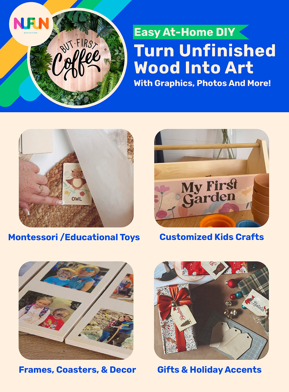 NuFun Activities Printable Iron-on Heat Transfer Paper for Wood, 5 Sheets 8.5 x 11 inch, Long Lasting, Durable, Professional Quality, Easy DIY, NuFun Activities