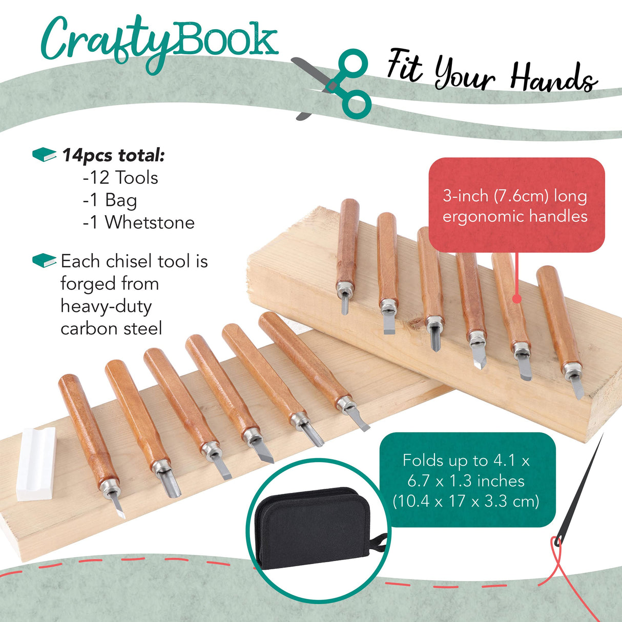 CraftyBook Wood Carving Kit - 12 Wood Carving Tools with Sharpening Whetstone and Pouch - For Expert or Novice Carvers CraftyBook