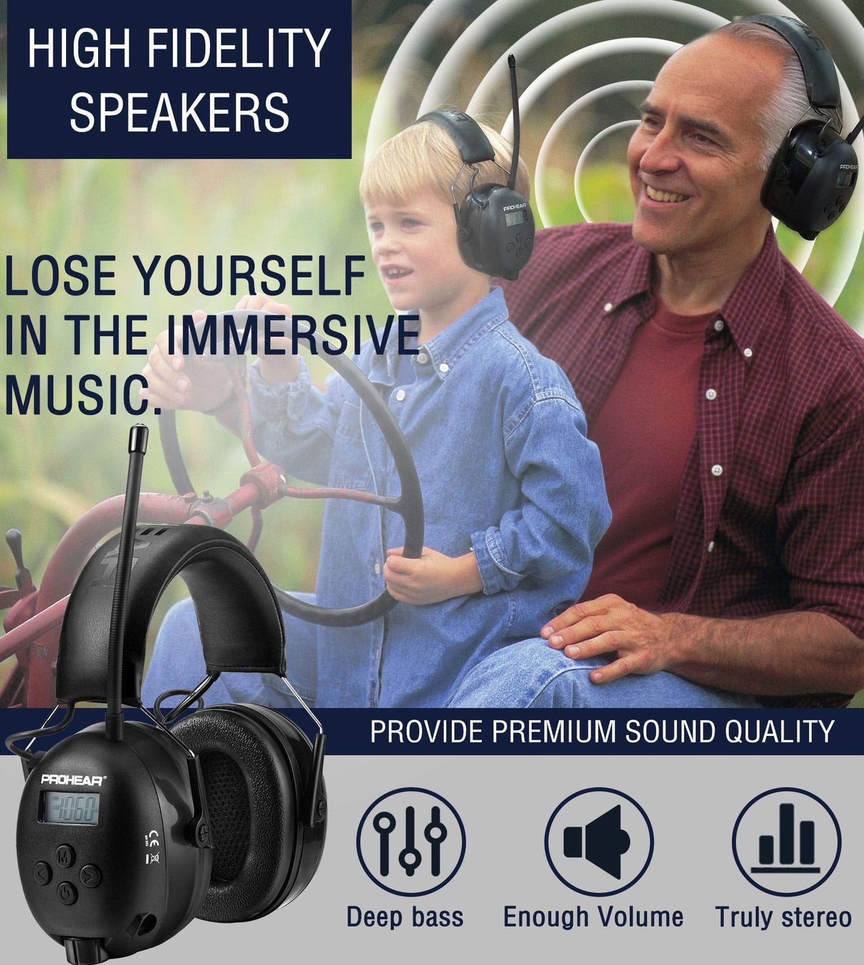 PROHEAR 033 Upgraded Bluetooth 5.3 Hearing Protection Headphones with FM/AM Radio - 25dB NRR Safety Earmuffs, Rechargeable, 48H Playtime for Mowing, PROHEAR