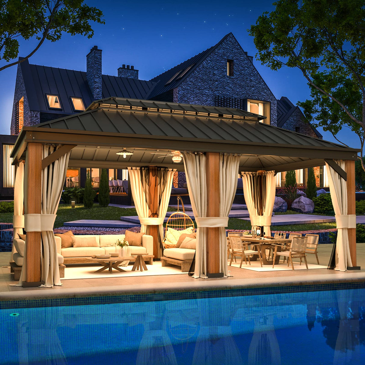 MELLCOM Gazebo 12' x 20', Wooden Finish Coated Thicker Aluminum Frame Gazebo with Galvanized Steel Roof, Outdoor Patio Gazebos with Curtains and MELLCOM