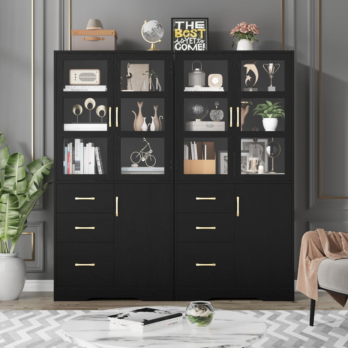 HIFIT Tall Storage Cabinet with 2 Glass Display Door & Shelves & 3 Drawer, 67"H Tall Kitchen Pantry Cabinet with Gold Handles, Modern Linen Cabinet HIFIT