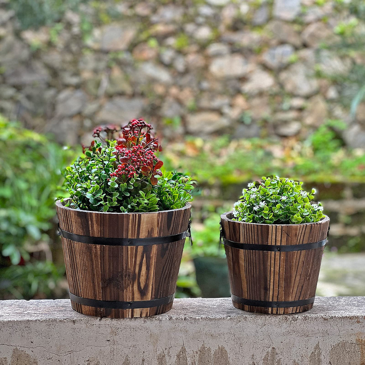 Small Wooden Bucket Barrel Planters – 6.3’’+5.3'' Rustic Flower Planters Pots Boxes Container with Drainage Holes for Indoor Home Decor Small Plants, HappyDecor