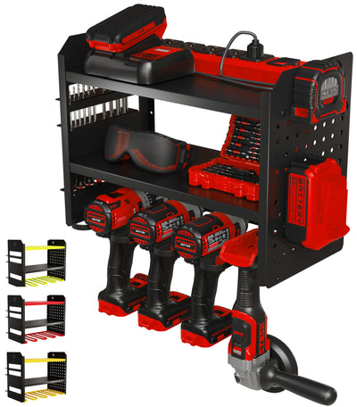 BUILTSTRONG Power Tool Organizer Wall Mount - 3-Tier Heavy-Duty Metal Hand Tool Storage Rack, Utility Racks, Drill Holder, PegBoard Side, & More -