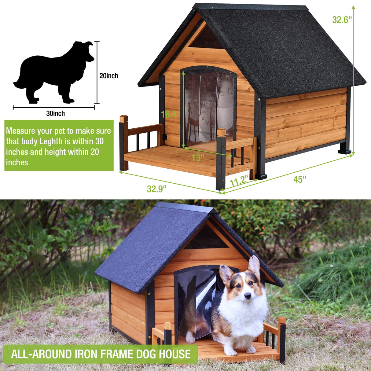 Dog House Outdoor Indoor Wooden Dog Cage with All Iron Frame Anti-Chewing for Small Medium Large Dogs Use,Raise Floor with Customized Plastic Feet GUTINNEEN