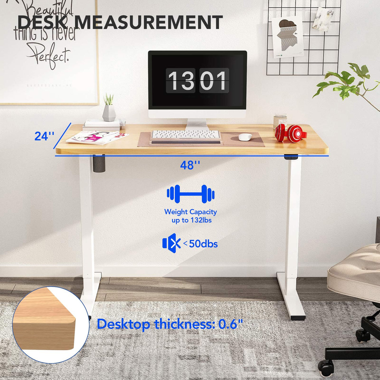 FLEXISPOT Standing Desk 48 x 24 Inches Whole-Piece Desktop Height Adjustable Desk Electric Sit Stand Up Desk Home Office Desks Computer FLEXISPOT