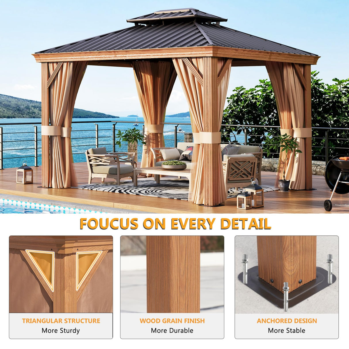 Jolydale 10' x 12' Gazebo, Permanent Wooden Finish Coated Aluminum Frame Canopy, Galvanized Steel Double Top, Outdoor Metal Pavilion with Privacy Jolydale