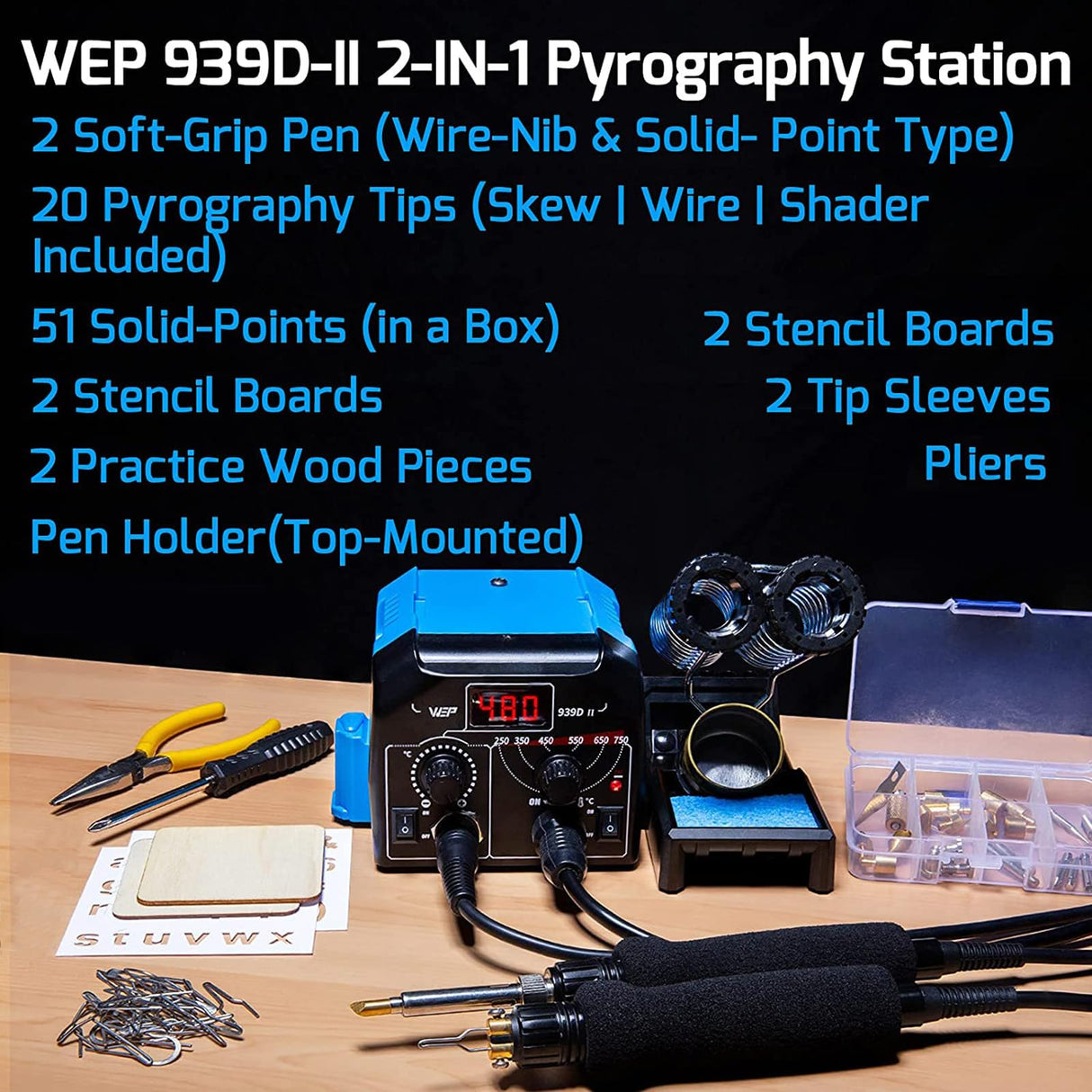 WEP 939D-II 2-IN-1 Wood Burning Kit 86-IN-1 with 51 Solid Points and 20 Wire Nibs Wood Burner with 2 Letter Number Stencils, 2 Unfinished Wood, 1 Pen WEP