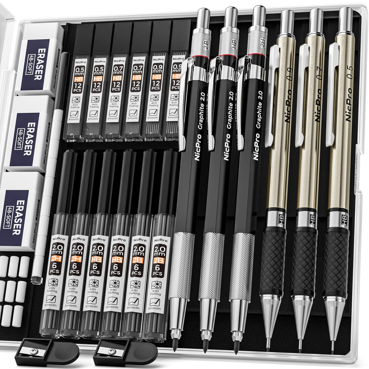 Nicpro 6PCS Art Mechanical Pencils Set, 3 PCS Metal Drafting Pencil 0.5 mm & 0.7 mm & 0.9 mm & 3 PCS 2mm Graphite Lead Holder (2B HB 2H) For Writing, Nicpro