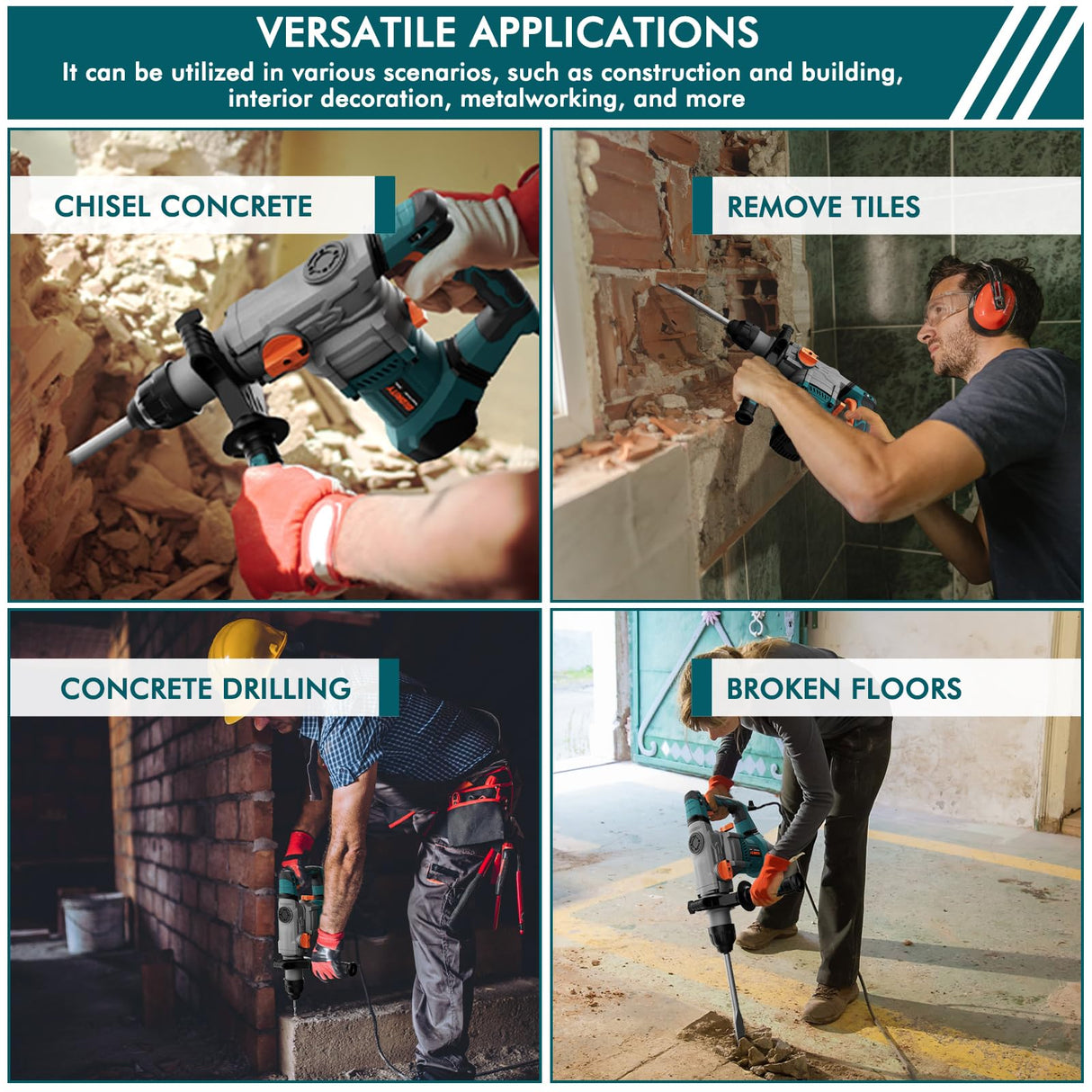 Glority 13 Amp Rotary Hammer Drill with Safety Clutch, Variable Speed, 5 Bits, Chisels GLORITY