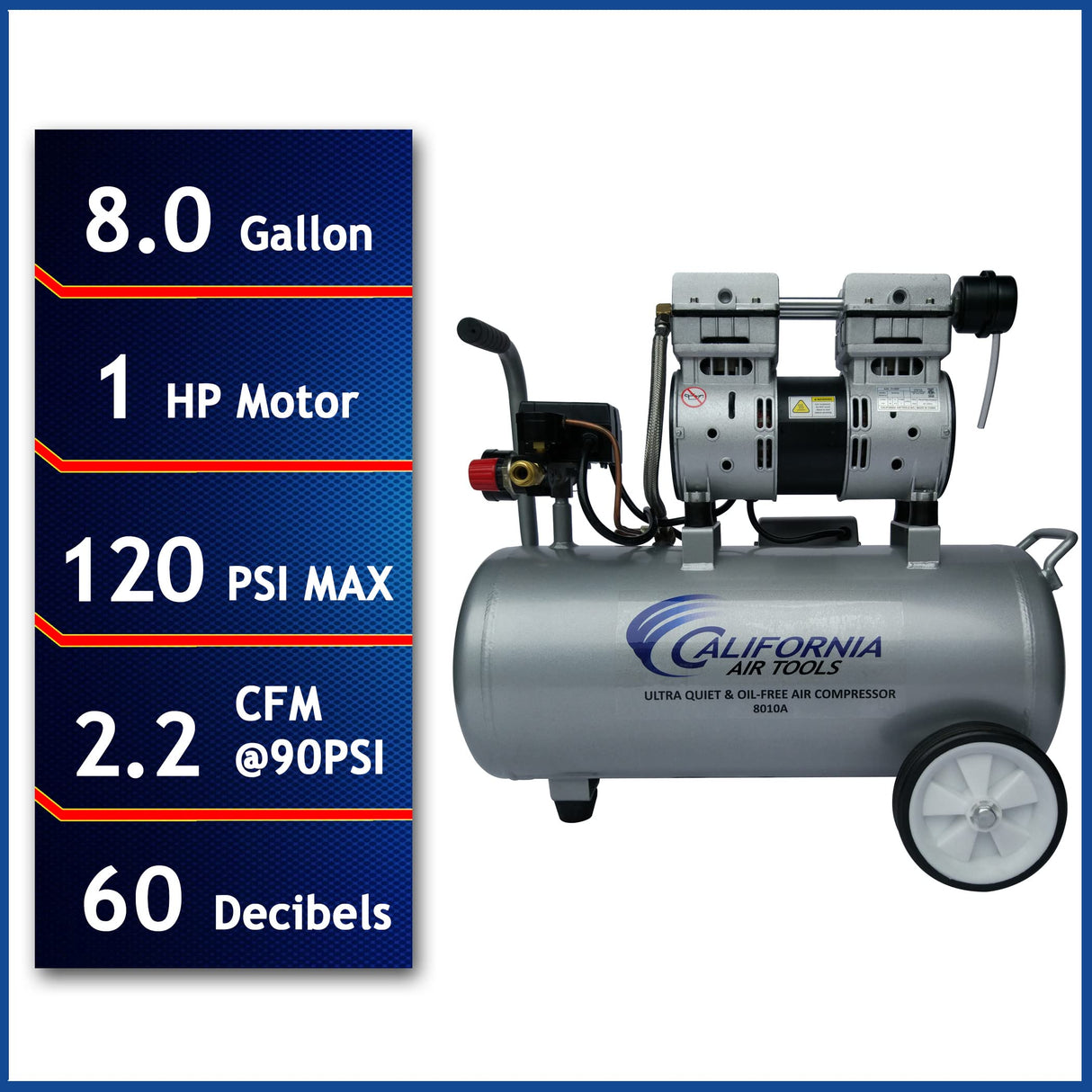 California Air Tools 8010A Aluminum Tank Air Compressor | Ultra Quiet, Oil-Free, 1.0 hp, 8 gal California Air Tools