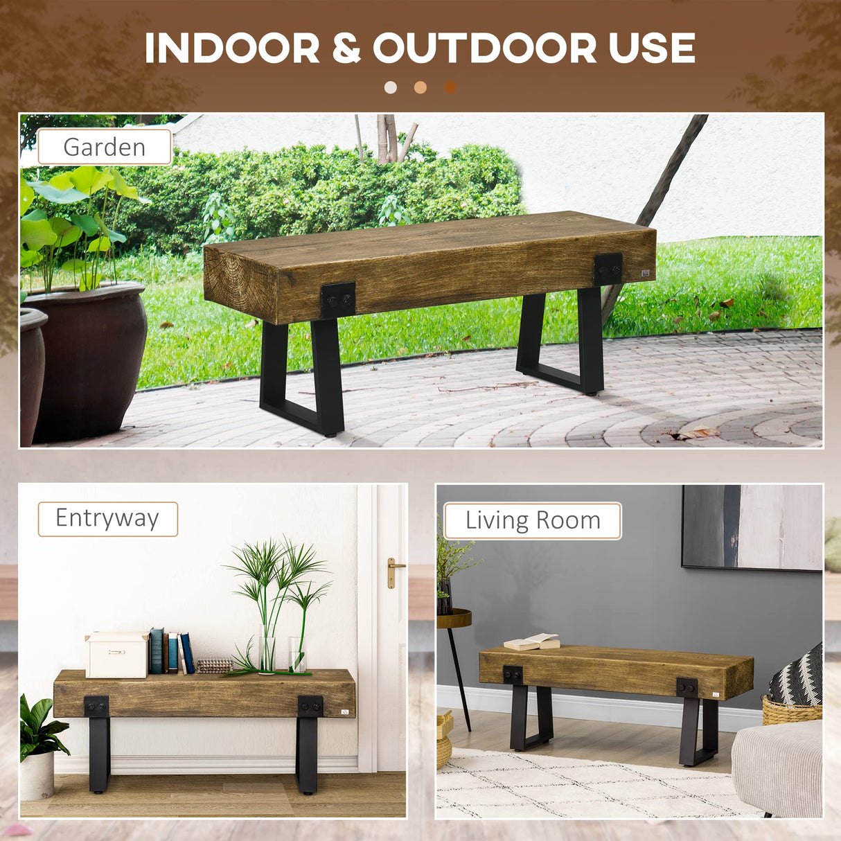 HOMCOM Garden Bench with Metal Legs, Rustic Wood Effect Concrete Entryway Bench, End of Bed Bench, Indoor Outdoor Use for Patio, Park, Porch and HOMCOM