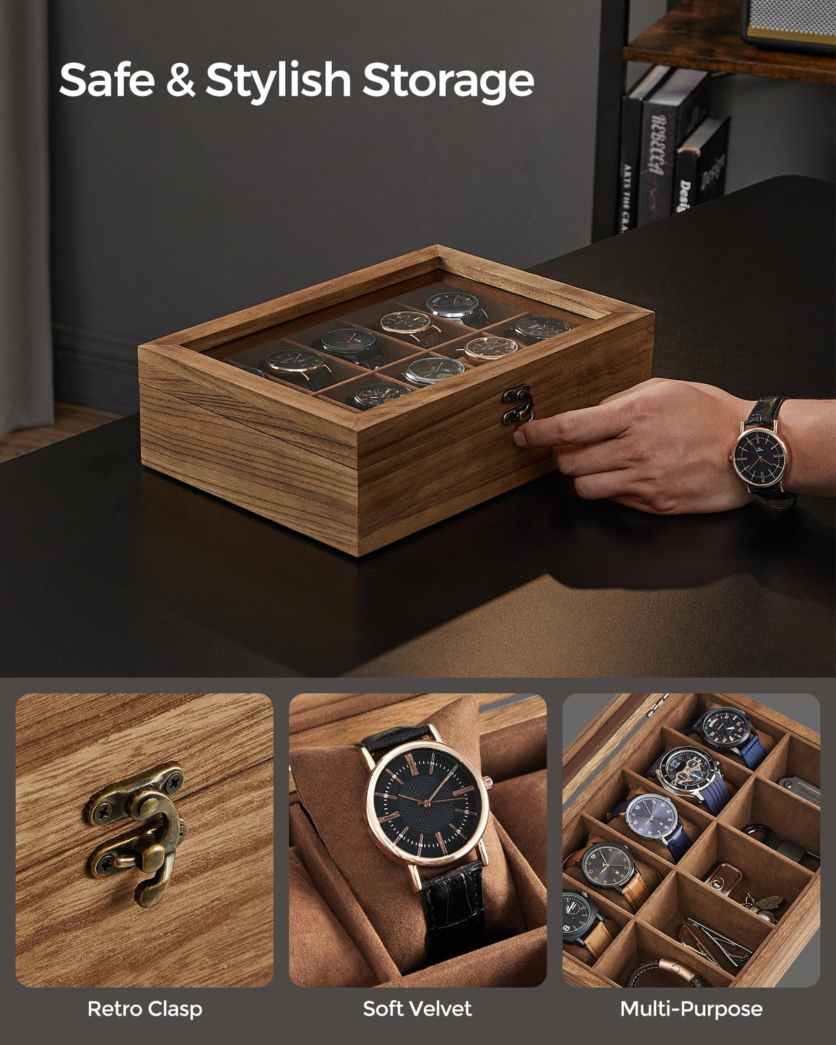 SONGMICS Watch Box, 10-Slot Watch Case, Solid Wood Watch Box Organizer with Large Glass Lid, Watch Display Case with Removable Pillows, Gift for SONGMICS