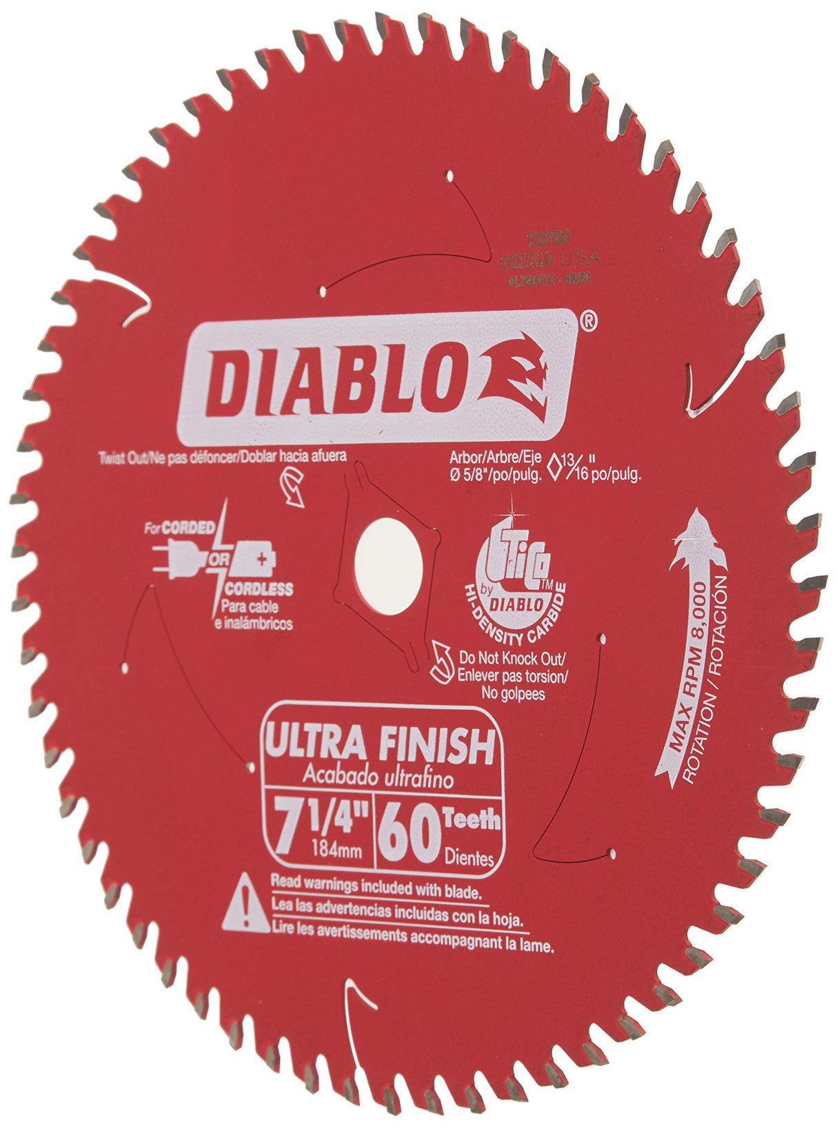 Freud D0760A Diablo 7-1/4" x 60-Tooth Ultra Fine Finishing Circular Saw Blade with 5/8" Arbor and Diamond Knockout Single Blade Freud