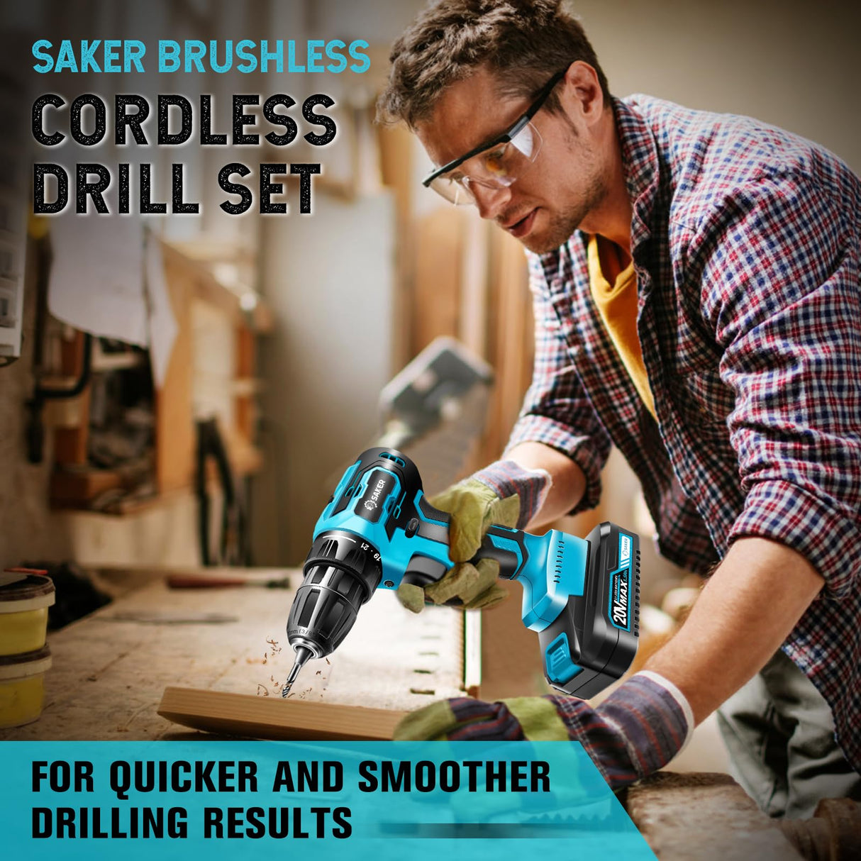 Saker Cordless Drill Set, Brushless 20V Electric Drill with Drill Bits, 3/8-Inch Keyless Chuck, 2 Variable Speeds, 430 In-lbs Torque Battery Power Saker
