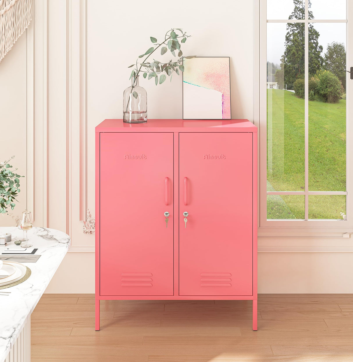 Aiasuit 2 Doors Lockable Metal Storage Cabinet 3 Tiers Shelf Multifunctional Storage Organizer Detachable Shelves Easy to Assemble Red Size: 39.37”H Aiasuit