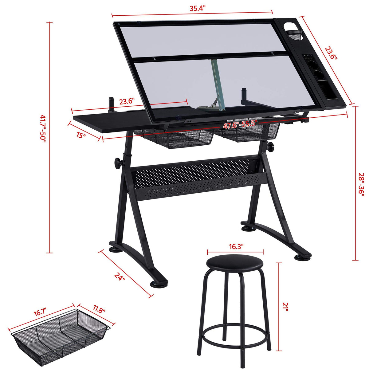 Yaheetech Drafting Table w/Stool Height Adjustable Multifunctional Art Craft Artists Desk Tilting Glass Tabletop Diamond Paintings Work Station w/2 Yaheetech