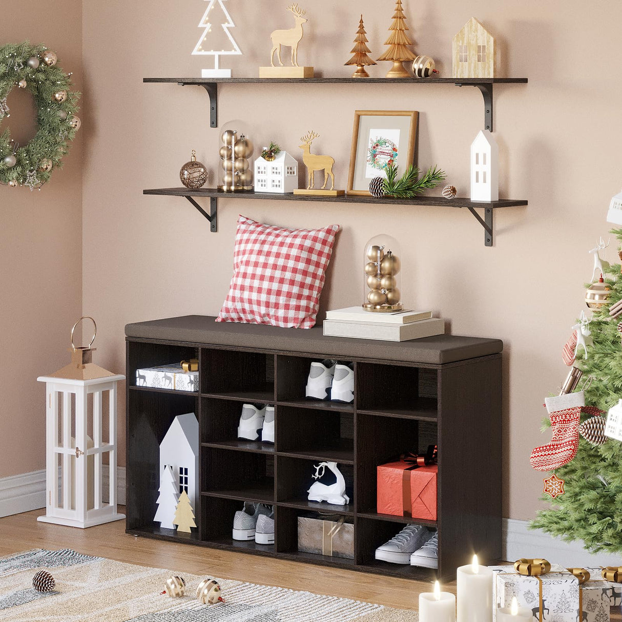 DINZI LVJ Shoe Storage Bench with Cushion, 16-Cubby Shoe Rack, Adjustable Shelves, Multifunctional Shoe Organizer Bench for Entryway, Mudroom, DINZI LVJ