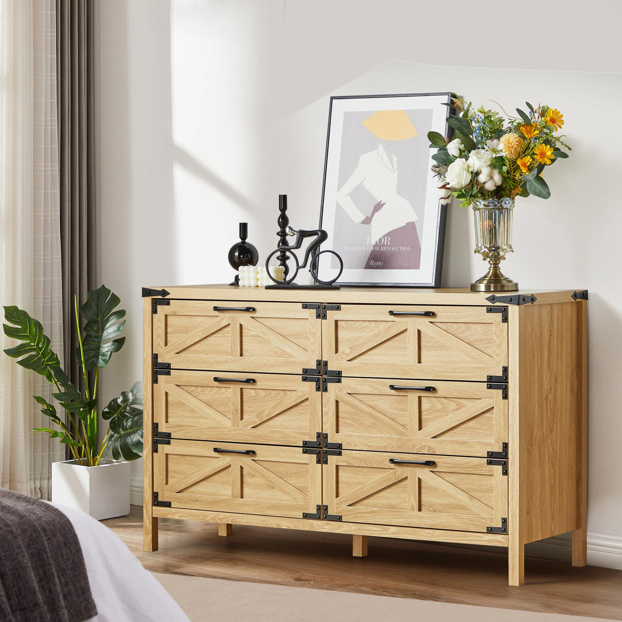 wirrytor Modern Farmhouse 6 Drawer Double Dresser for Bedroom, Wide Rustic Chest of Drawers, Wooden Dresser Chest Storage Organizer for Nursery, wirrytor