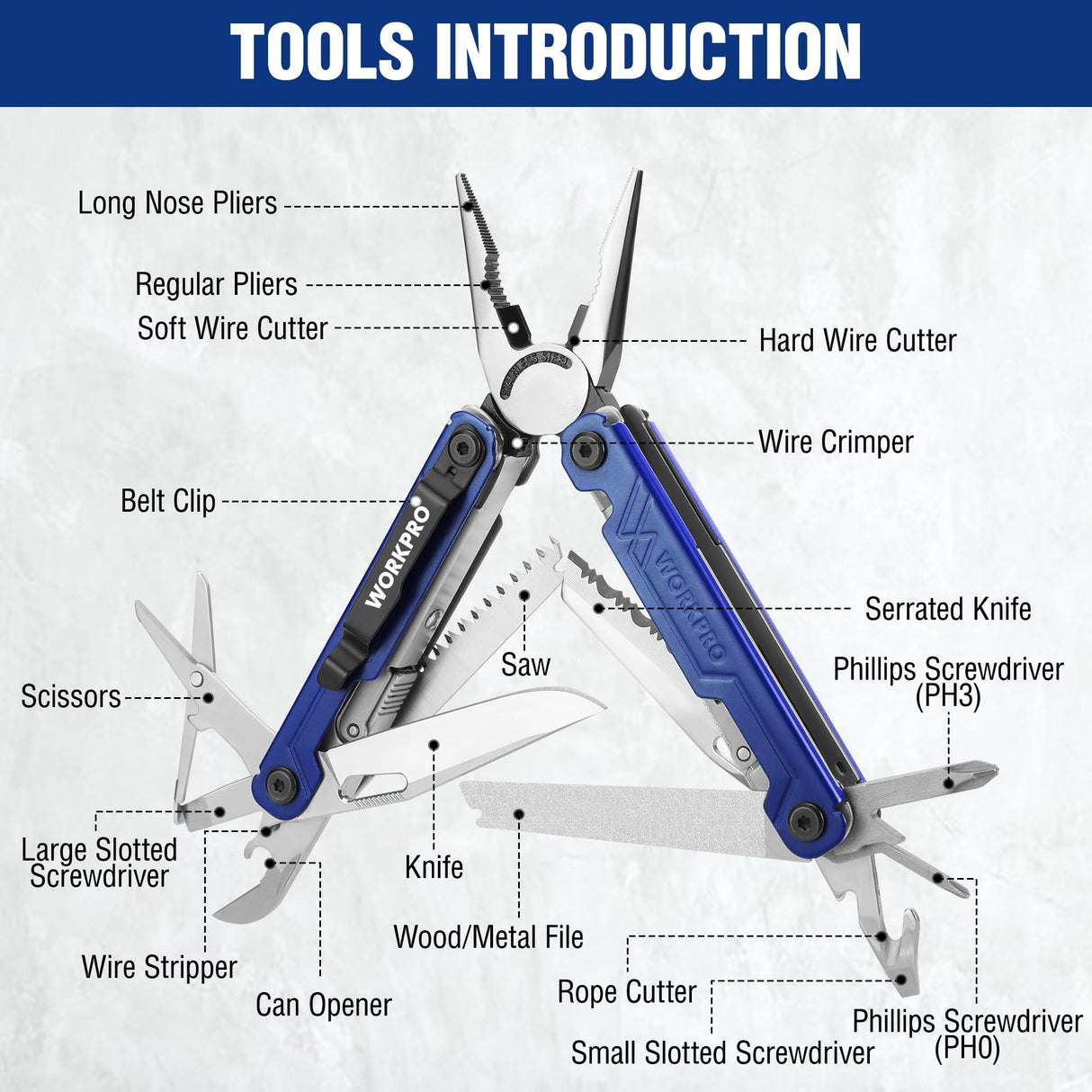WORKPRO 18-in-1 Multi Tool Pliers, Stainless Steel EDC Multitool with Pocket Knife, 2 Safety Locks, Belt Clip and Oxford Pouch, Multipurpose Utility WORKPRO