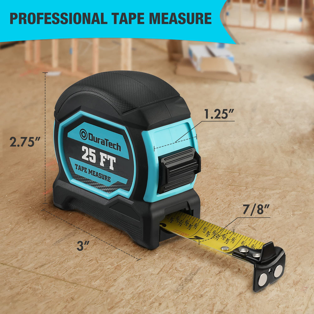 DURATECH Magnetic Tape Measure 25FT with Fractions 1/8, Retractable Measuring Tape, Easy to Read Both Side Measurement Tape, Magnetic Hook and Shock DURATECH