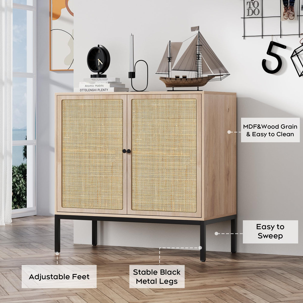 Brafab Set of 2 Sideboard Buffet Cabinet with Storage, Sideboard Cabinet with Natural Rattan Decorated Doors, Rattan Cabinet, for Living Room, Brafab