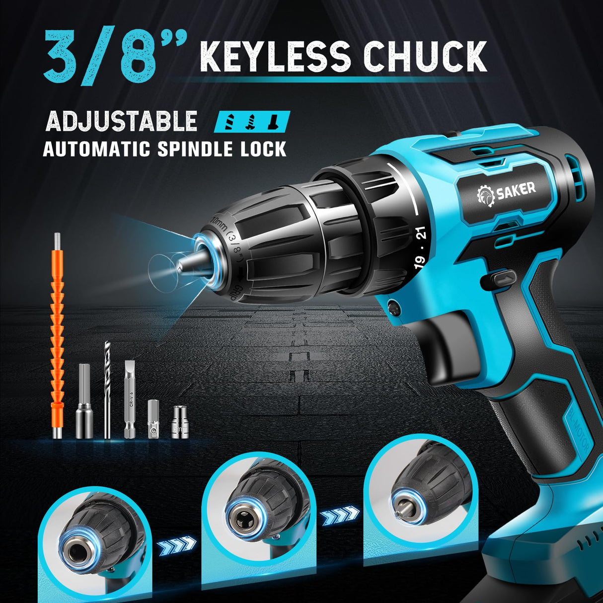 Saker Cordless Drill Set, Brushless 20V Electric Drill with Drill Bits, 3/8-Inch Keyless Chuck, 2 Variable Speeds, 430 In-lbs Torque Battery Power Saker