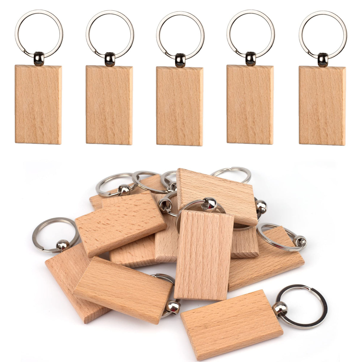 ASUNFO Pack of 20 Rectangle Wood Blanks Keychain Unfinished Wooden Blank Key Chain Chains for Engraving Crafts Ornament ASUNFO