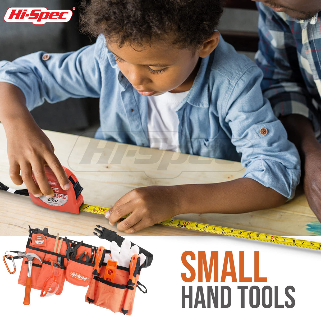 Hi-Spec 16pc Orange Kids Tool Set & Child Size Tool Belt With Real Metal Hand Tools for Building, Woodwork & Construction Learning Hi-Spec