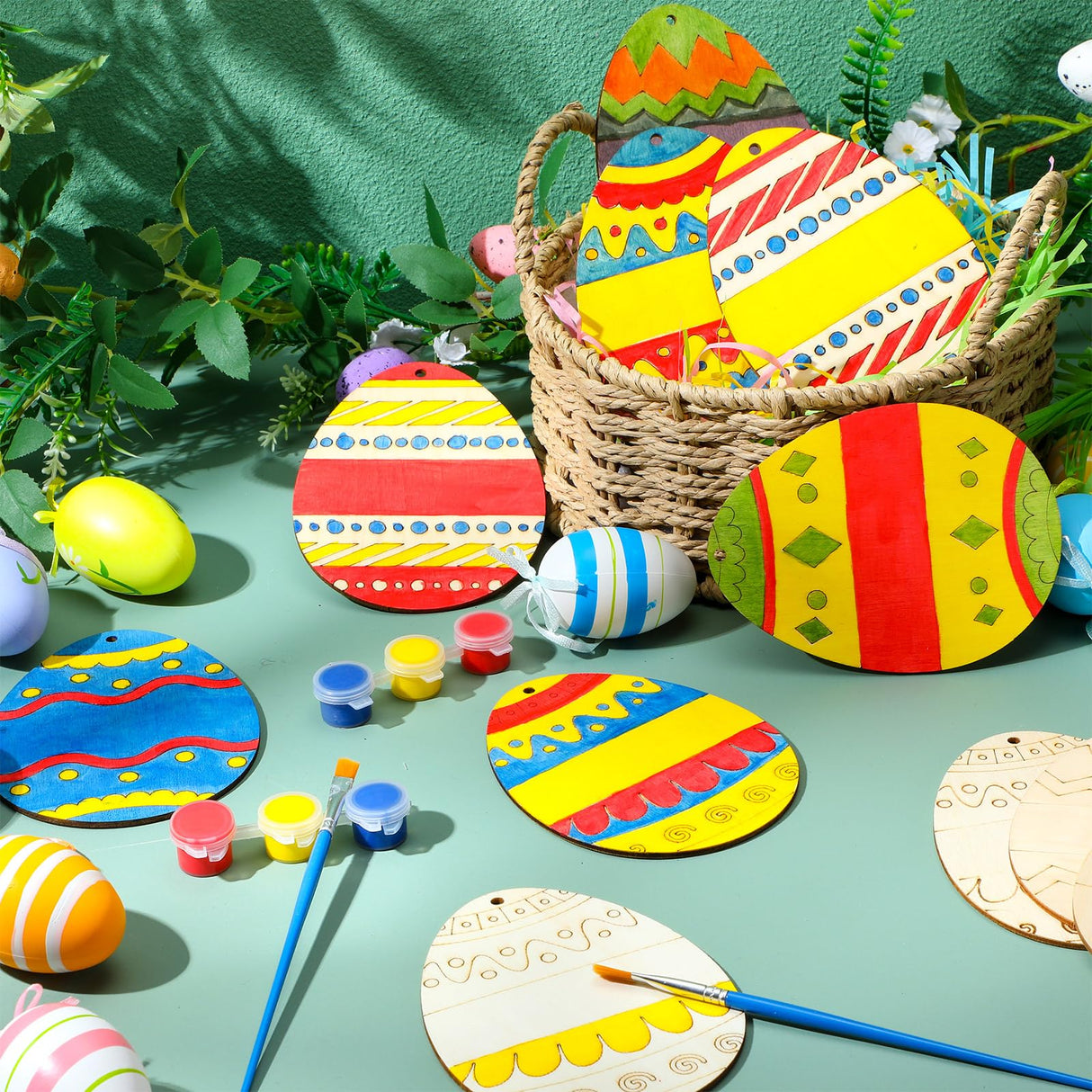 Foilswirl 30 Sets Wooden Easter Ornaments to Paint 5" DIY Unfinished Easter Egg Wood Cutouts with Grass Raffia Paper Shreds and Acrylic Paints with Foilswirl