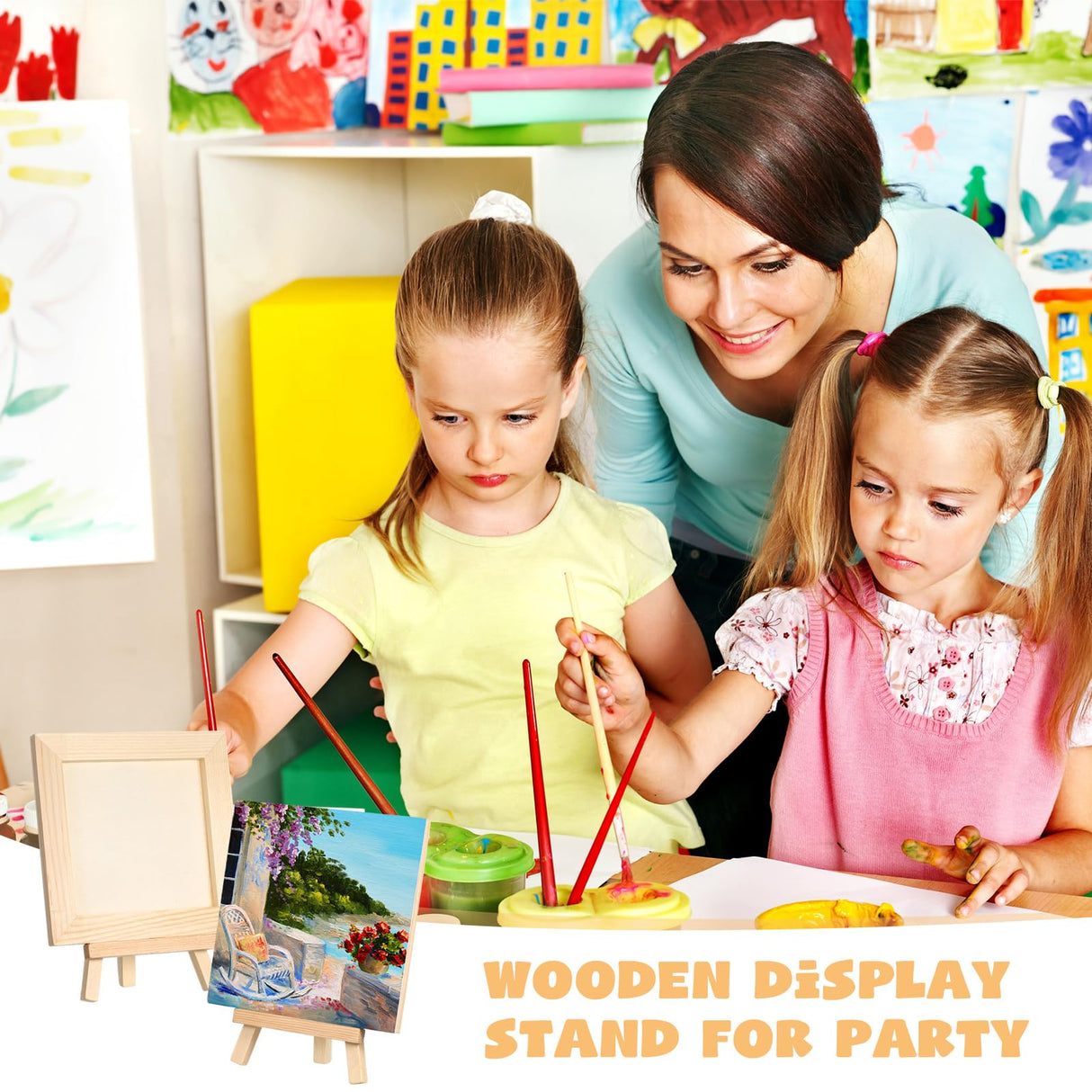 Landical 36 Pcs 4 x 4 Inch Wood Panel Boards with 36 Pcs Wood Display Easel, Unfinished Square Wood Panels for Crafts Wood Art Boards for Displaying Landical