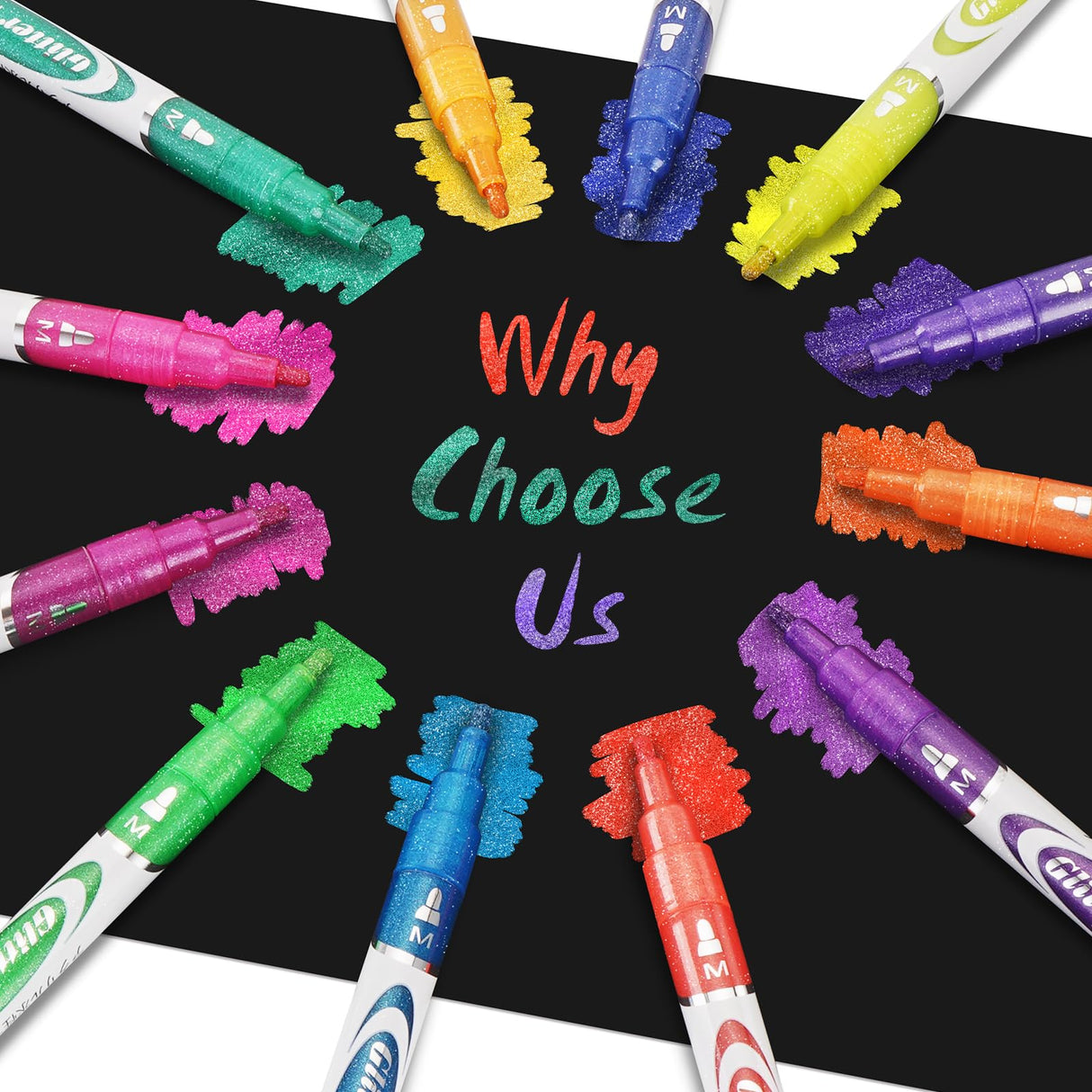 TEVILIK Glitter Markers Pen, 12 Acrylic Glitter Markers Paint Pens - Shimmer Marker, Fine Point Water-Based Pen For DIY Crafts, Birthday Cards, TEVILIK