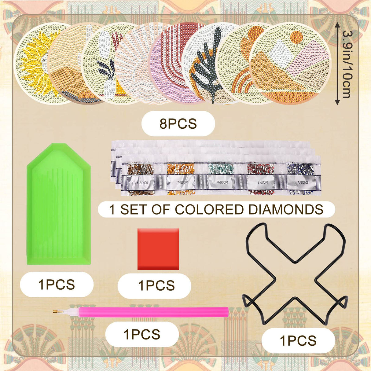 UPINS 8Pcs Boho Diamond Art Painting Coasters for Drinks DIY Coaster Diamond Art Kits for Adults Kids Beginners Diamond Art Craft Supplies (Boho) UPINS