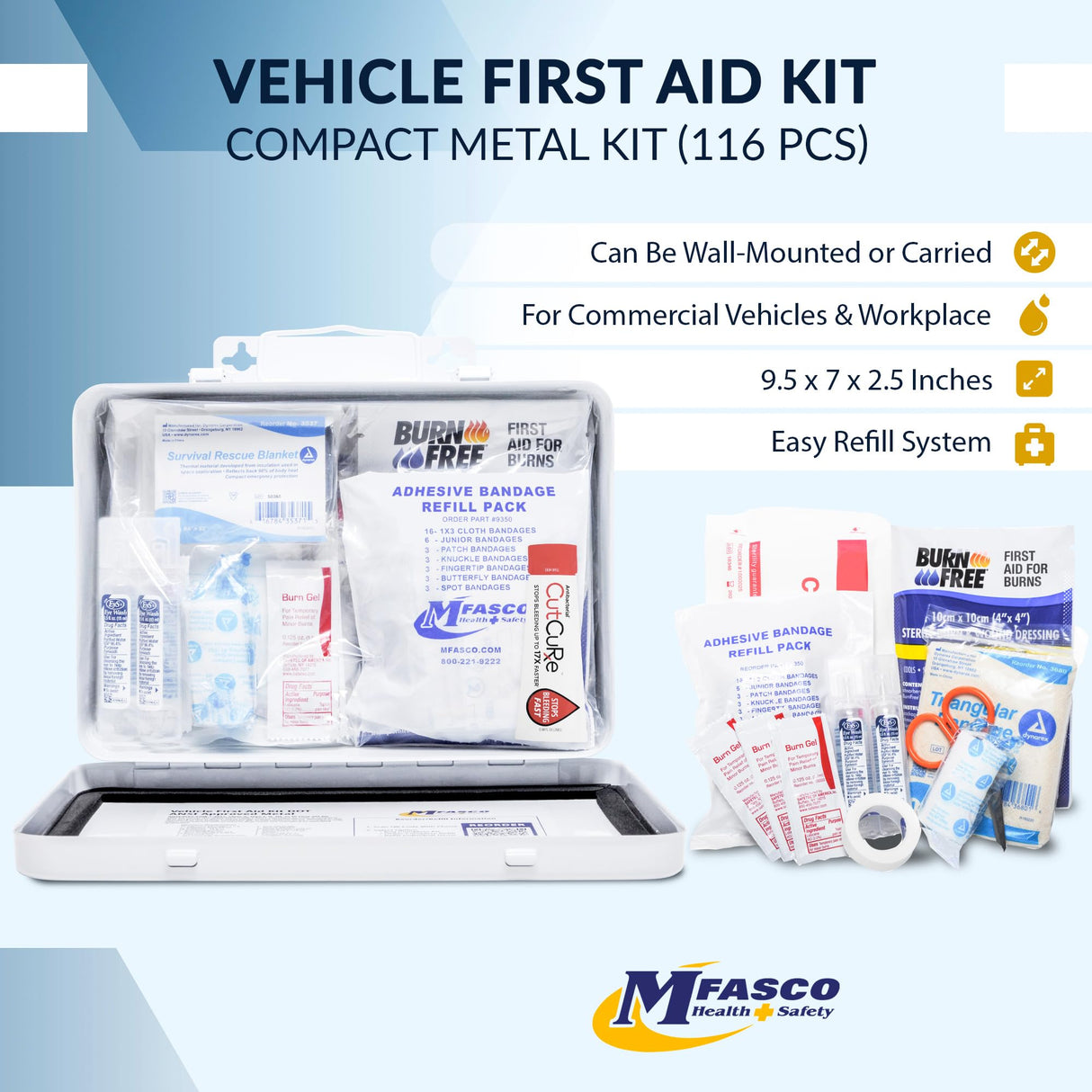 MFASCO Vehicle First Aid Kit - Compact Metal Kit - Portable & Mountable - Safety Kit for Commercial Vehicles & Workplace - DOT ANSI OSHA Compliant - MFASCO