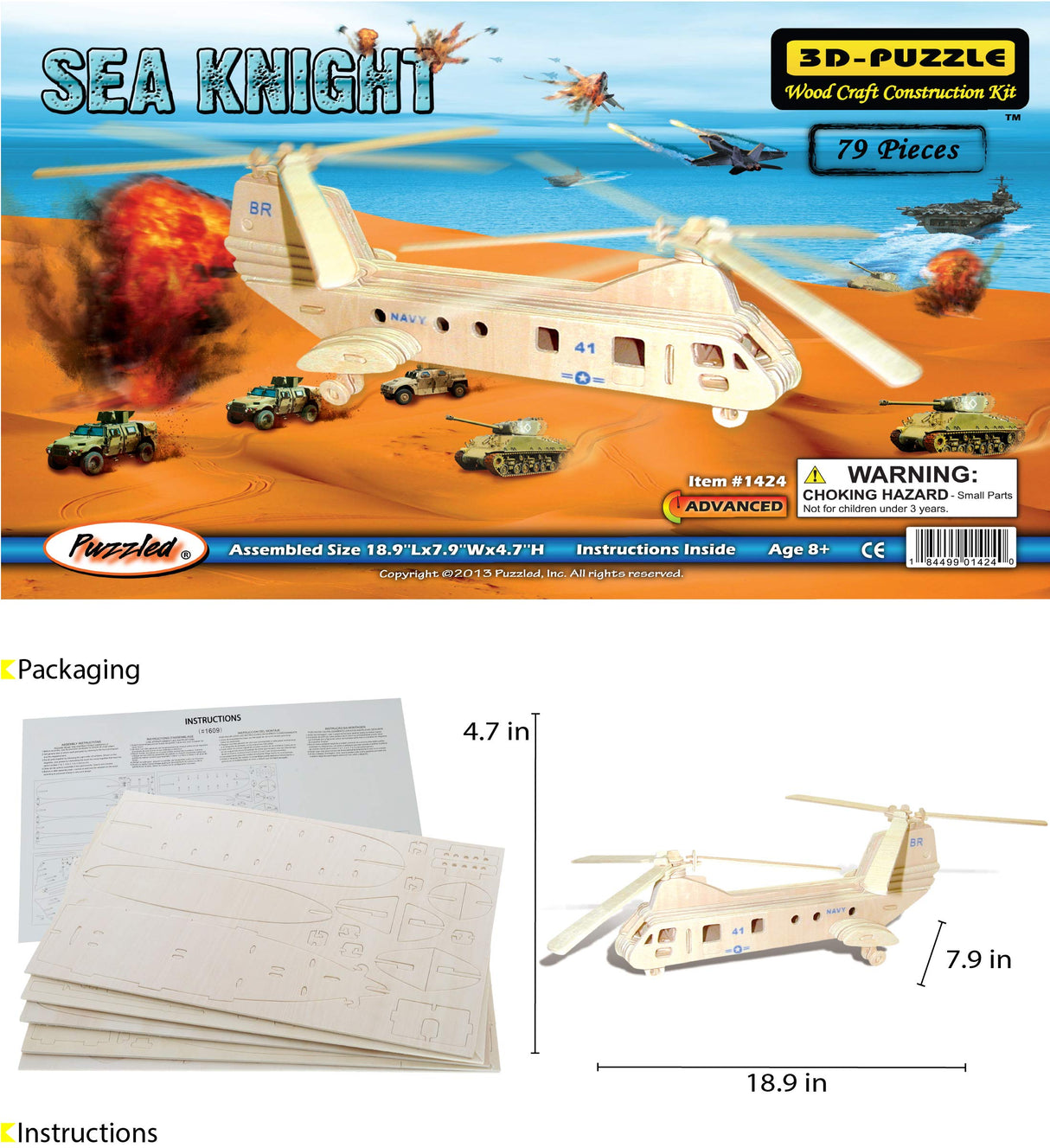 Puzzled 3D Puzzle Sea Knight Helicopter Wood Craft Construction Model Kit, Fun & Educational DIY Wooden Toy Assemble Model Unfinished Crafting Hobby Puzzled