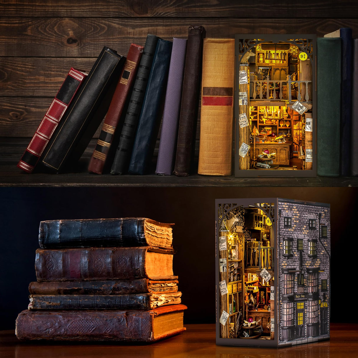 Wimlade DIY Book Nook Kit, Miniature Book Nook kit, Wooden 3D Puzzle Bookend Bookshelf Insert Decor, Halloween/Christmas Decorations/Gifts for Adults Wimlade